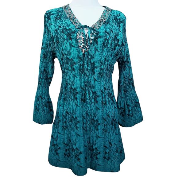 Y2K FASHION BUG Top Blouse L‎ Accordion Pleats Flare Sequins Snake Turquoise - Picture 12 of 12